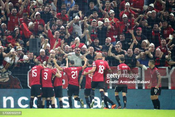 Jasir Asani of Albania celebrates after scoring the team's first goal during the UEFA EURO 2024 European qualifier match between Albania and Czechia...