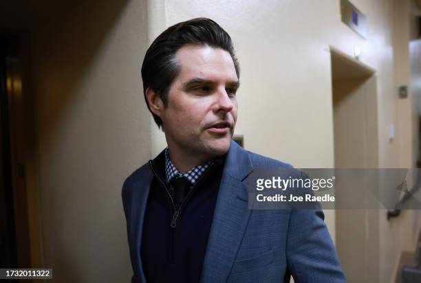 Rep. Matt Gaetz speaks to reporters as he leaves a House Republican caucus meeting at the U.S. Capitol on October 12, 2023 in Washington, DC. House...