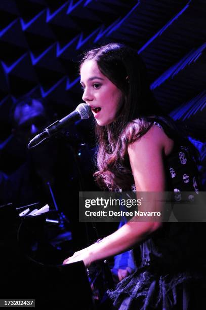 Singer/songwriter Samia Najimy Finnerty performs at Samia Najimy Finnerty PETA Ad Unveiling & Performance at Joe's Pub on July 9, 2013 in New York...