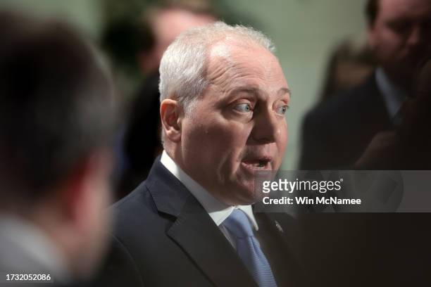 House Majority Leader Steve Scalise speaks to reporters as he leaves a House Republican caucus meeting at the U.S. Capitol on October 12, 2023 in...