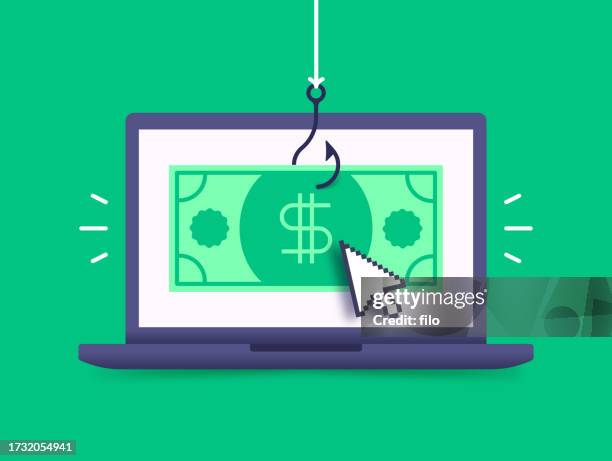 ilustraciones, imágenes clip art, dibujos animados e iconos de stock de ciberdelincuencia phishing hacking robo de dinero digital portátil - ransomware