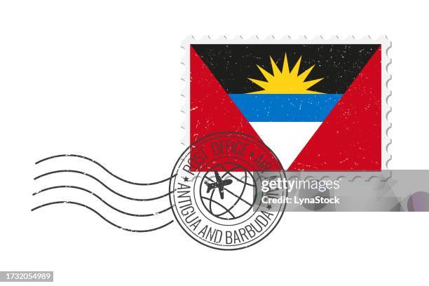 antigua and barbuda grunge postage stamp. vintage postcard vector illustration with national flag of antigua and barbuda isolated on white background. retro style. - antigua and barbuda flag stock illustrations