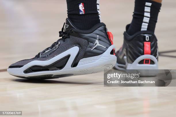 Nike Air Jordan brand shoes are seen worn by Paolo Banchero of the Orlando Magic during the first half of a preseason game at the Smoothie King...