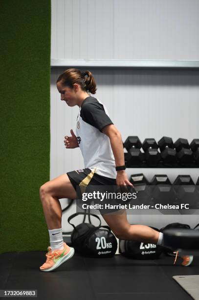 Jessie Fleming of Chelsea in action in the gym during a Chelsea FC Women's Training Session at Chelsea Training Ground on October 11, 2023 in Cobham,...