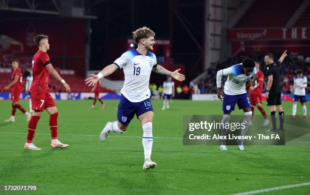 Harvey Elliott of England celebrates after scoring the team's third goal during the UEFA U21 EURO Qualifier match between England and Serbia at City...