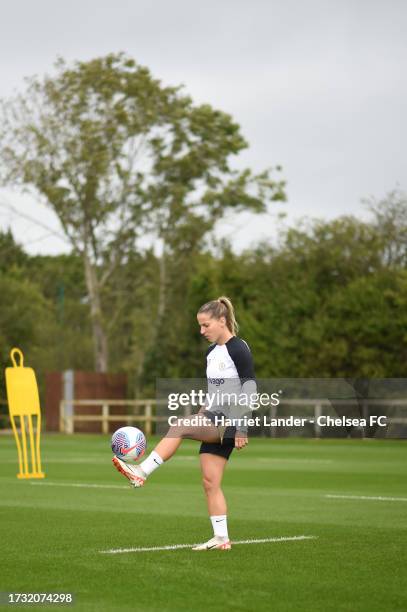 Jelena Cankovic of Chelsea in action during a Chelsea FC Women's Training Session at Chelsea Training Ground on October 11, 2023 in Cobham, England.