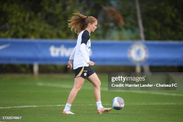 Sjoeke Nusken of Chelsea in action during a Chelsea FC Women's Training Session at Chelsea Training Ground on October 11, 2023 in Cobham, England.