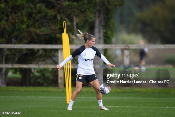 Jelena Cankovic of Chelsea in action during a Chelsea FC Women's Training Session at Chelsea Training Ground on October 11, 2023 in Cobham, England.
