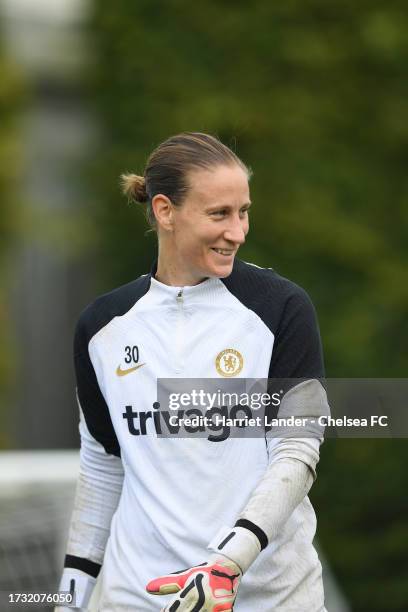 Ann-Katrin Berger of Chelsea reacts during a Chelsea FC Women's Training Session at Chelsea Training Ground on October 11, 2023 in Cobham, England.