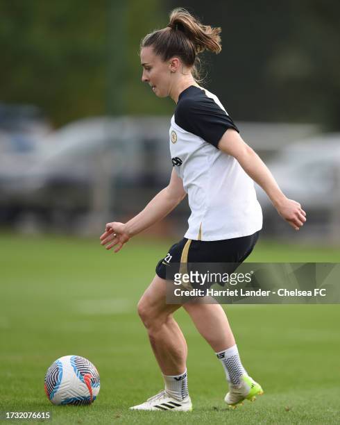 Niamh Charles of Chelsea in action during a Chelsea FC Women's Training Session at Chelsea Training Ground on October 11, 2023 in Cobham, England.
