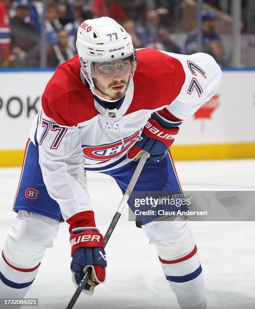 Kirby Dach of the Montreal Canadiens waits for a puck drop against the Toronto Maple Leafs during the 3rd period in an NHL game at Scotiabank Arena...