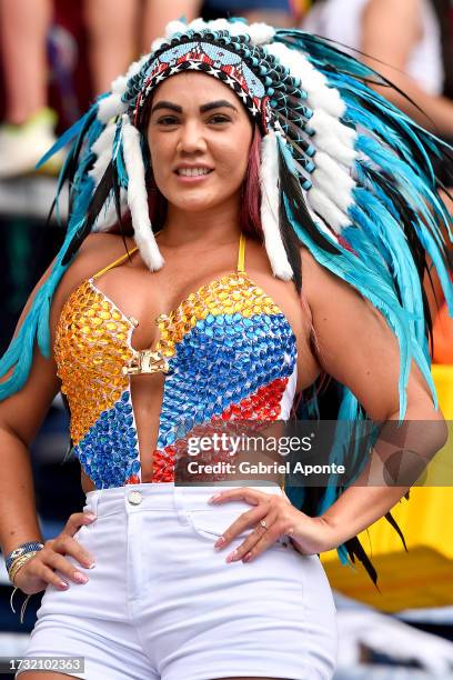 Fan of Colombia cheers prior a FIFA World Cup 2026 Qualifier match between Colombia and Uruguay at Roberto Melendez Metropolitan Stadium on October...