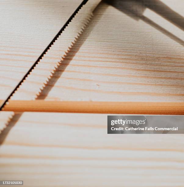 close-up of a junior hacksaw balancing on timber - strong foundations stock pictures, royalty-free photos & images