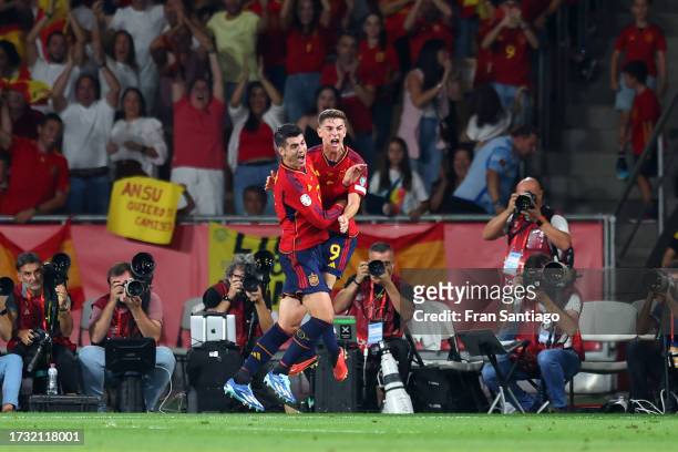 Alvaro Morata of Spain celebrates after scoring the team's first goal during the UEFA EURO 2024 European qualifier match between Spain and Scotland...