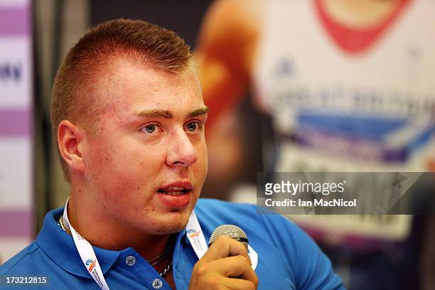 Arttu Kangas of Finland speaks during the press conference prior to The European Athletics U23 Championships 2013 fly in The Market Square in...