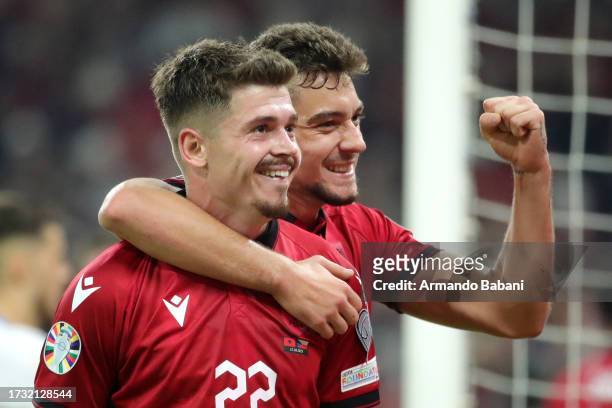 Arbnor Muja of Albania celebrates scoring a goal which is later disallowed during the UEFA EURO 2024 European qualifier match between Albania and...