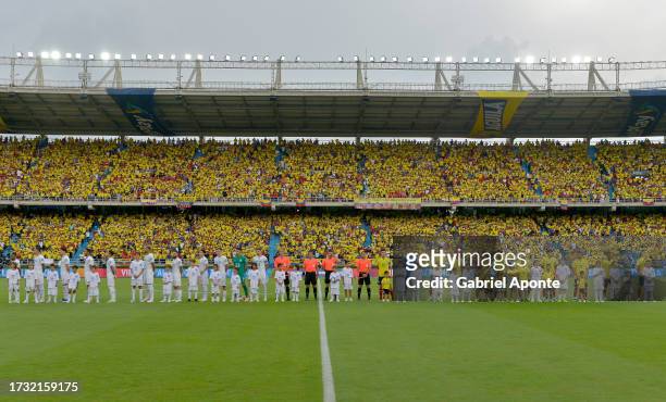 Players of Colombia and Uruguay line up prior a FIFA World Cup 2026 Qualifier match between Colombia and Uruguay at Roberto Melendez Metropolitan...