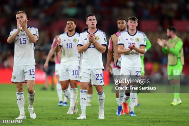 Kenny McLean of Scotland applauds the fans after the UEFA EURO 2024 European qualifier match between Spain and Scotland at Estadio de La Cartuja on...