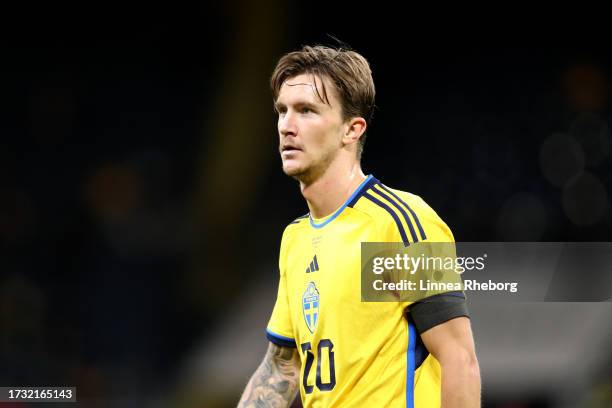 Kristoffer Olsson of Sweden looks on during the international friendly match between Sweden and Moldova at Friends Arena on October 12, 2023 in...