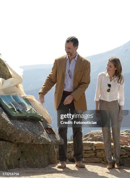 Prince Felipe of Spain and Princess Letizia of Spain visit Sierra de Guadarrama National Park on July 10, 2013 in Rascafria, Spain.