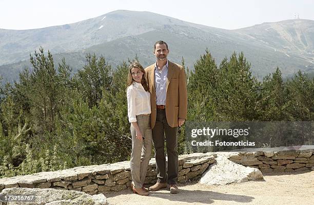 Prince Felipe of Spain and Princess Letizia of Spain visit Sierra de Guadarrama National Park on July 10, 2013 in Rascafria, Spain.