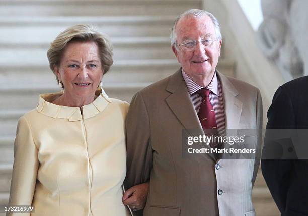 King Albert II and Queen Paola of Belgium meet former Prime Ministers of Belgium at Laeken Castle on July 10, 2013 in Brussels, Belgium.