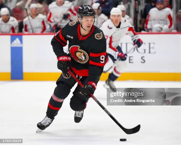 Josh Norris of the Ottawa Senators skates against the Washington Capitals at Canadian Tire Centre on October 18, 2023 in Ottawa, Ontario, Canada.