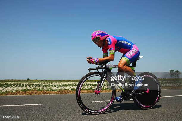 Damiano Cunego of Italy and Team Lampre-Merida rides during stage eleven of the 2013 Tour de France, a 33KM Individual Time Trial from Avranches to...