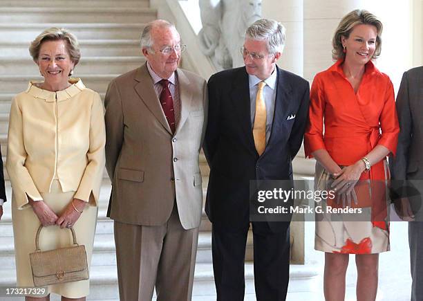 Queen Paola, King Albert II, Prince Philippe and Princess Mathilde of Belgium meet with former Belgian Prime Ministers at Laeken Castle on July 10,...