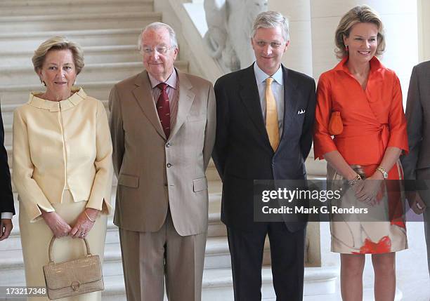 Queen Paola, King Albert II, Prince Philippe and Princess Mathilde of Belgium meet with former Belgian Prime Ministers at Laeken Castle on July 10,...