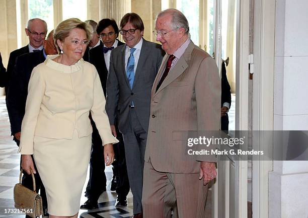 King Albert II and Queen Paola of Belgium meet with former Belgian Prime Ministers at Laeken Castle on July 10, 2013 in Brussels, Belgium.