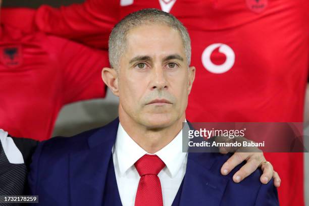 Sylvinho, Head Coach of Albania, looks on prior to the UEFA EURO 2024 European qualifier match between Albania and Czechia at Air Albania Stadium on...