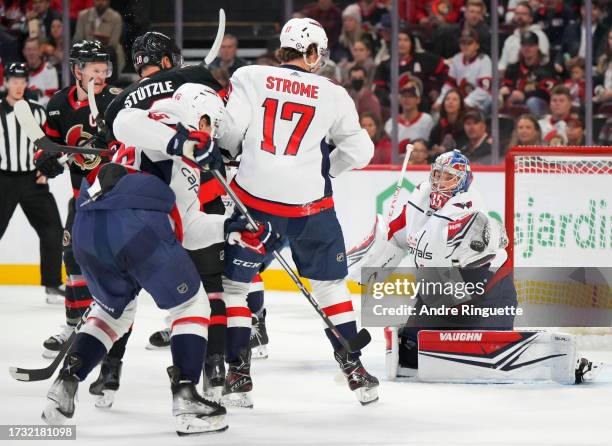 Darcy Kuemper of the Washington Capitals makes a save against the Ottawa Senators at Canadian Tire Centre on October 18, 2023 in Ottawa, Ontario,...