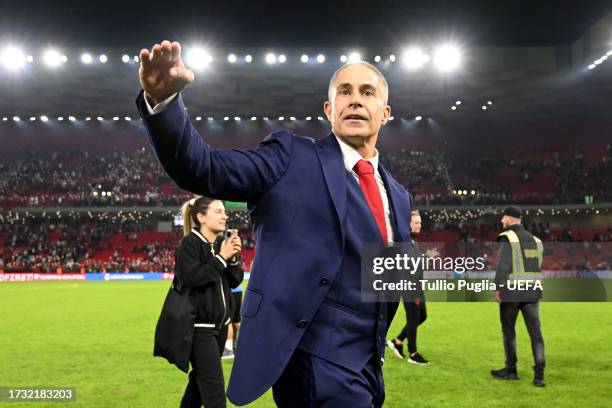 Sylvinho, Head Coach of Albania, reacts to the fans after the UEFA EURO 2024 European qualifier match between Albania and Czechia at Air Albania...