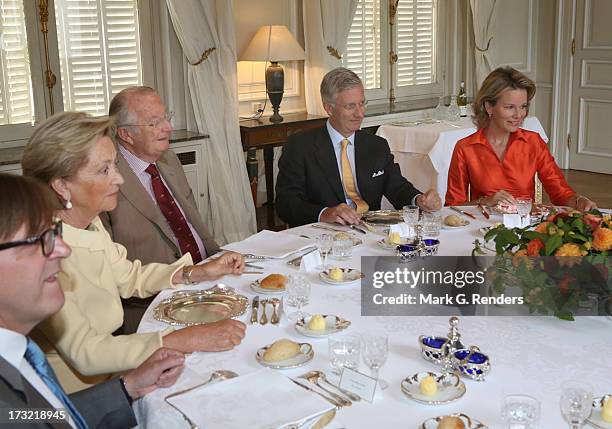 Queen Paola, King Albert II, Prince Philippe and Princess Mathilde of Belgium meet with former Belgian Prime Ministers at Laeken Castle on July 10,...