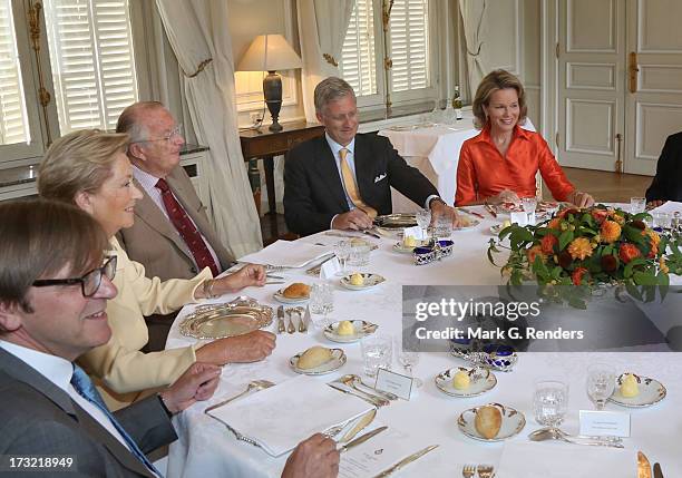 Queen Paola, King Albert II, Prince Philippe and Princess Mathilde of Belgium meet with former Belgian Prime Ministers at Laeken Castle on July 10,...