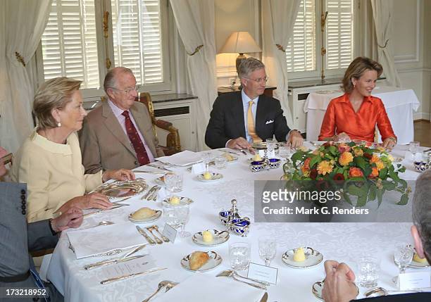Queen Paola, King Albert II, Prince Philippe and Princess Mathilde of Belgium meet with former Belgian Prime Ministers at Laeken Castle on July 10,...