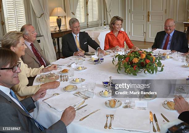 Queen Paola, King Albert II, Prince Philippe and Princess Mathilde of belgium meet former Prime Ministers of Belgium at Laeken Castle on July 10,...