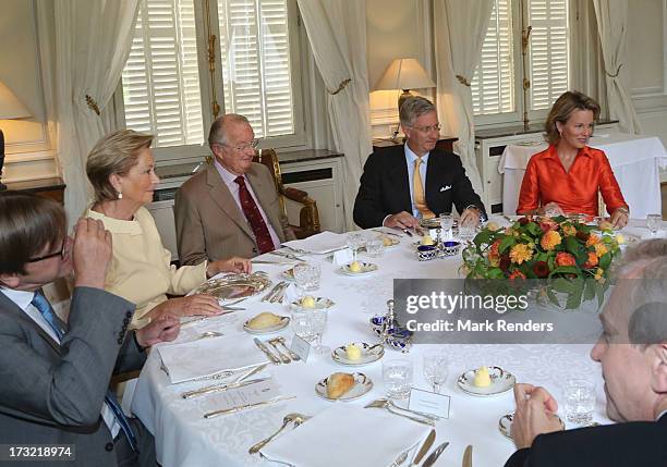 Queen Paola, King Albert II, Prince Philippe and Princess Mathilde of belgium meet former Prime Ministers of Belgium at Laeken Castle on July 10,...