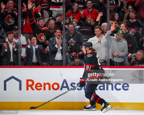 Vladimir Tarasenko of the Ottawa Senators celebrates his first period goal against the Washington Capitals at Canadian Tire Centre on October 18,...