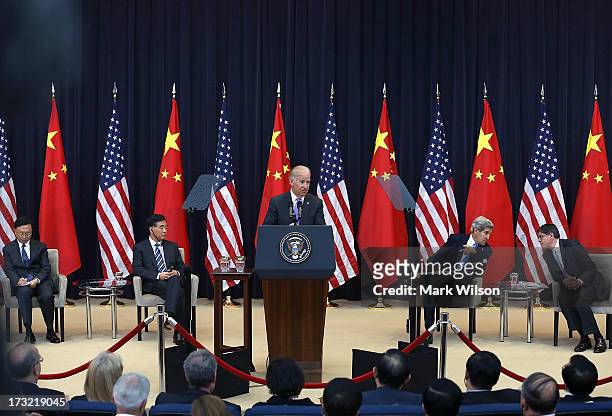Vice President Joseph Biden , speaks while Chinese State Councilor Yang Jiechi , Chinese Vice Premier Wang Qishan , U.S. Secretary of State John...