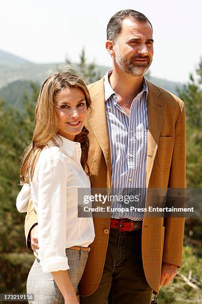 Prince Felipe of Spain and Princess Letizia of Spain visit Guadarrama National Park on July 10, 2013 in Rascafria, Spain.