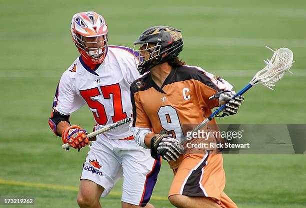 Matt Striebel of the Rochester Rattlers plays against Josh Amidon of the Hamilton Nationals at Sahlen's Stadium on July 7, 2013 in Rochester City....