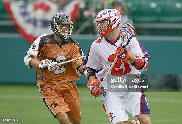 Kevin Crowley of the Hamilton Nationals plays against Dan Groot of the Rochester Rattlers at Sahlen's Stadium on July 7, 2013 in Rochester...