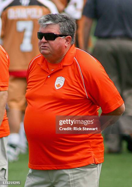 Head coach Dave Huntley of the Hamilton Nationals watches play against the Rochester Rattlers at Sahlen's Stadium on July 7, 2013 in Rochester City....