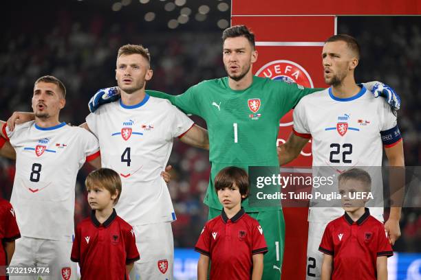 Players of Czechia line up during the National Anthems prior to the UEFA EURO 2024 European qualifier match between Albania and Czechia at Air...