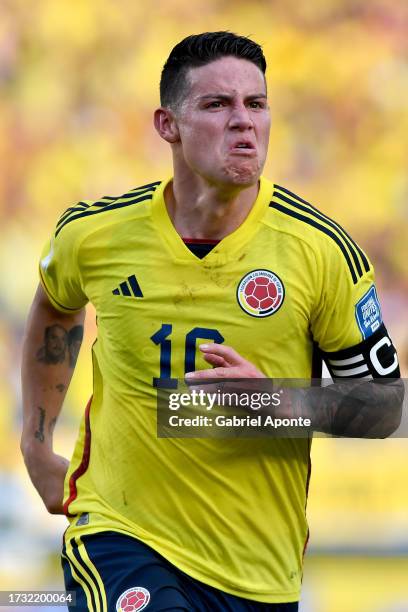 James Rodriguez of Colombia celebrates after scoring the first goal of his team during a FIFA World Cup 2026 Qualifier match between Colombia and...