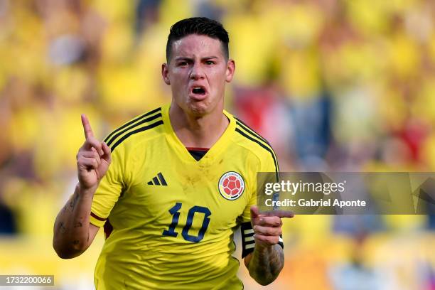 James Rodriguez of Colombia celebrates after scoring the first goal of his team during a FIFA World Cup 2026 Qualifier match between Colombia and...