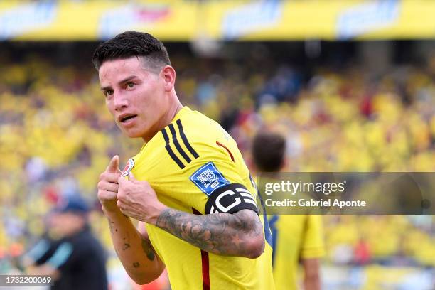 James Rodriguez of Colombia celebrates after scoring the first goal of his team during a FIFA World Cup 2026 Qualifier match between Colombia and...