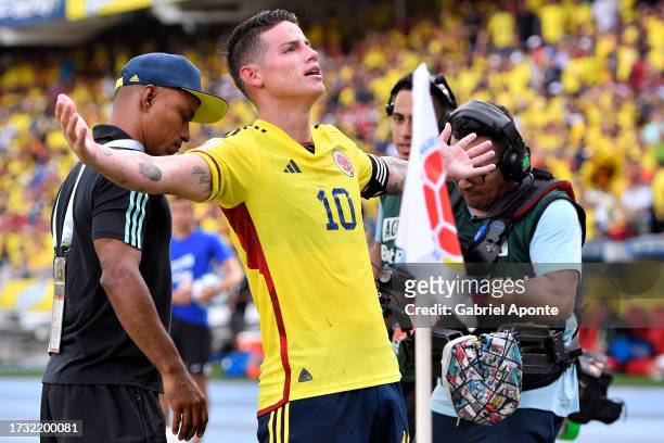 James Rodriguez of Colombia celebrates after scoring the first goal of his team during a FIFA World Cup 2026 Qualifier match between Colombia and...